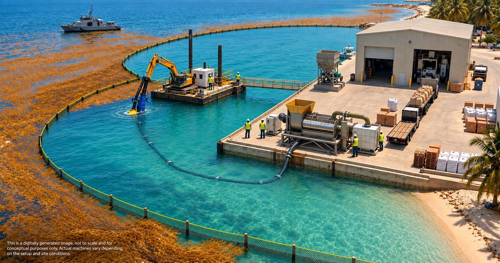 Conceptual illustration of a shoreline sargassum operation: containment boom, a harvesting barge pumping to shore, a continuous screw press on the dock, and covered storage for the dewatered biomass